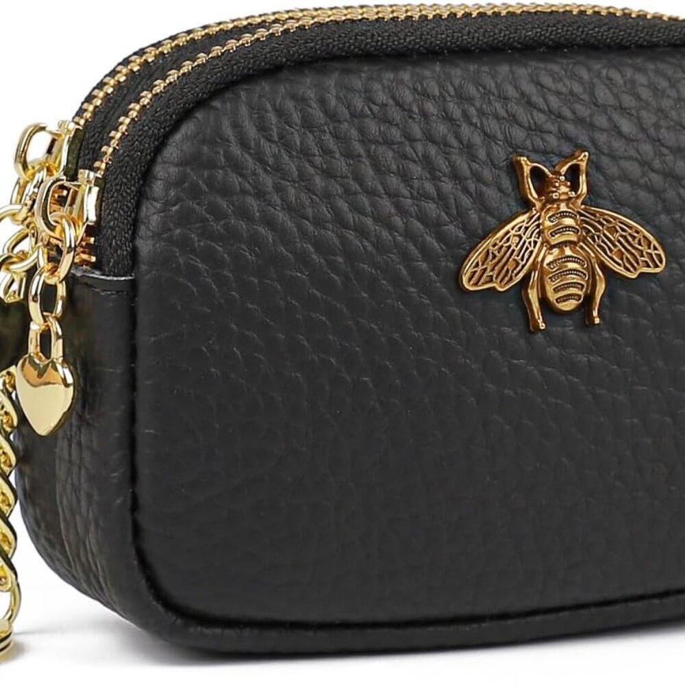 Women Leather Coin Purse, Small 2 Zippered Change Pouch Wallet